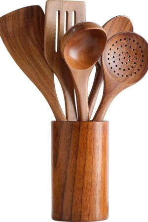 Wooden Kitchen Utensil Set with Holder.